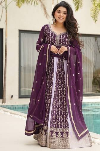 Wine faux georgette with zari & sequins embroidered work wedding gown