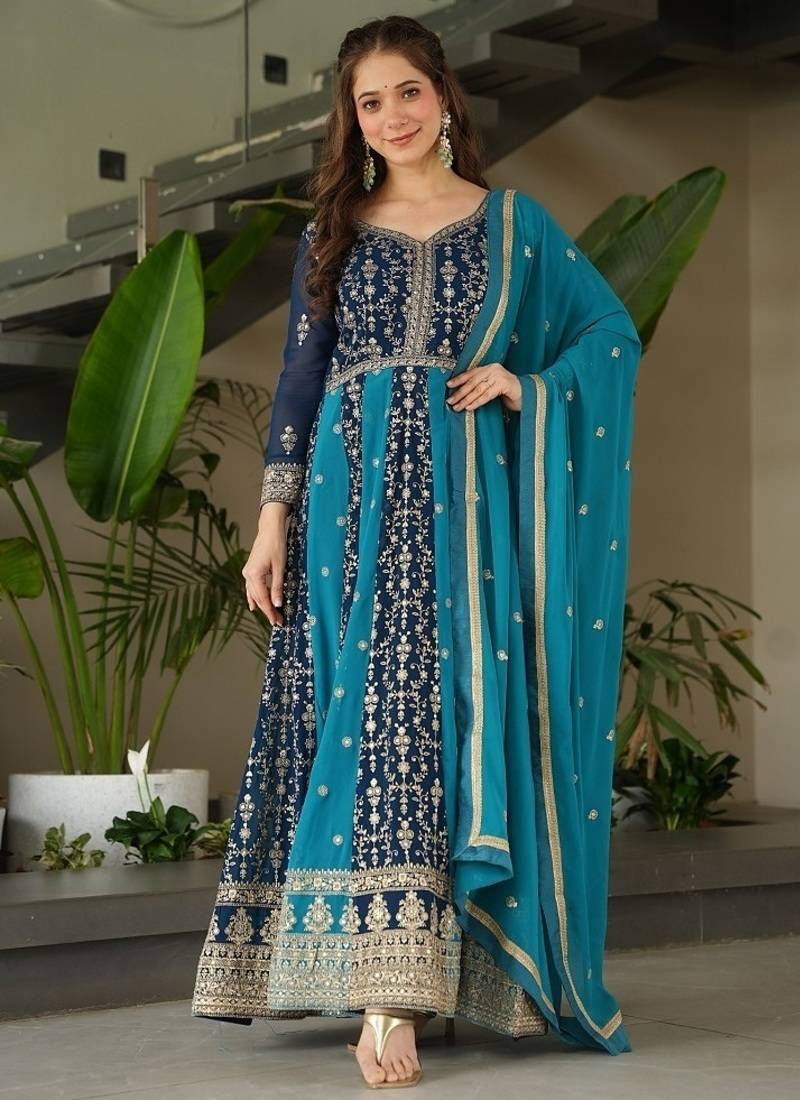 Teal faux georgette with zari & sequins embroidered work wedding gown
