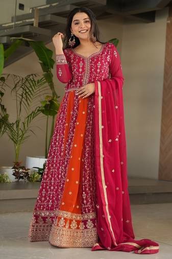 Ranipink faux georgette with zari & sequins embroidered work wedding gown