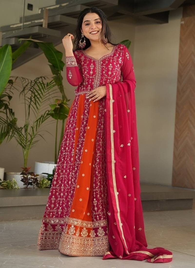 Ranipink faux georgette with zari & sequins embroidered work wedding gown
