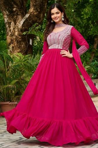 Ranipink star georgette with embroidery beads sequins-work gown with dupatta