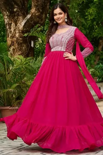 Ranipink star georgette with embroidery beads sequins-work gown with dupatta