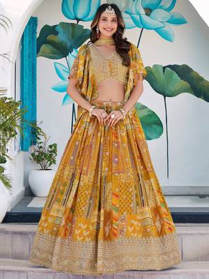 yellow zari embroidered chinon lehenga set choli with dupatta with dupatta 1