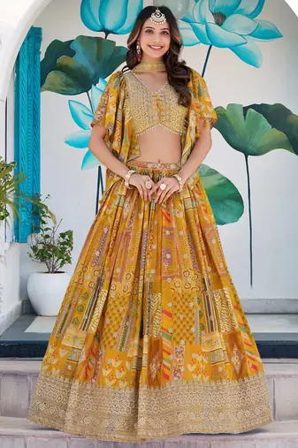 yellow zari embroidered chinon lehenga choli with dupatta