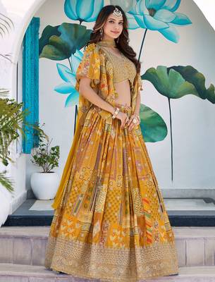 yellow zari embroidered chinon lehenga set choli with dupatta with dupatta 2