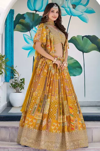yellow zari embroidered chinon lehenga set choli with dupatta with dupatta