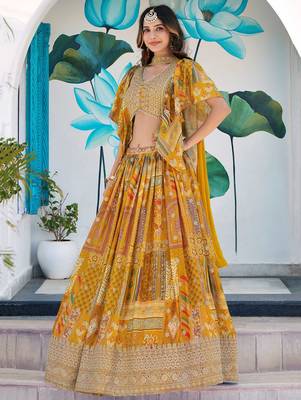 yellow zari embroidered chinon lehenga set choli with dupatta with dupatta 3