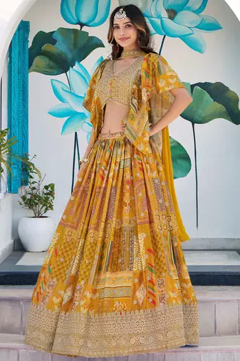 yellow zari embroidered chinon lehenga set choli with dupatta with dupatta