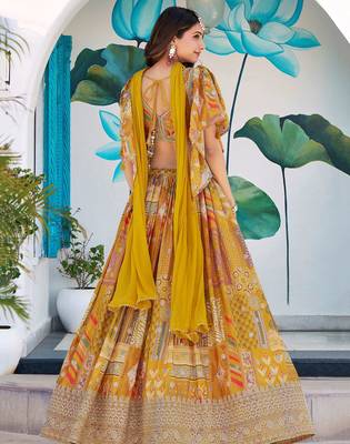 yellow zari embroidered chinon lehenga set choli with dupatta with dupatta 4