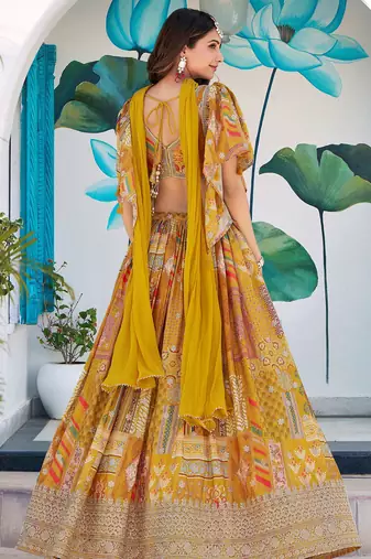 yellow zari embroidered chinon lehenga set choli with dupatta with dupatta