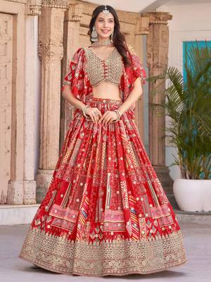 red chinon digital printed wedding lehenga set choli with dupatta 1