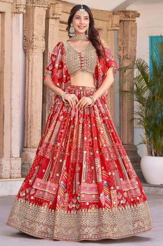 red chinon digital printed wedding lehenga choli
