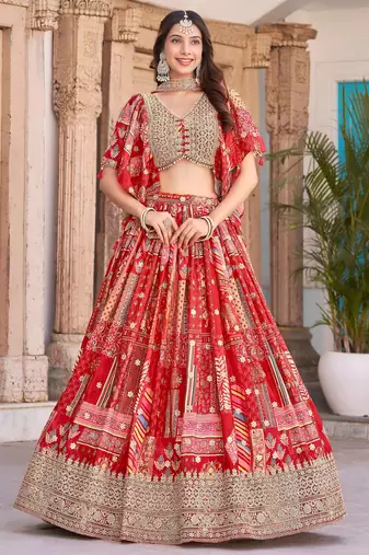 red chinon digital printed wedding lehenga choli