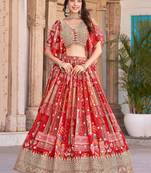 red chinon digital printed wedding lehenga choli