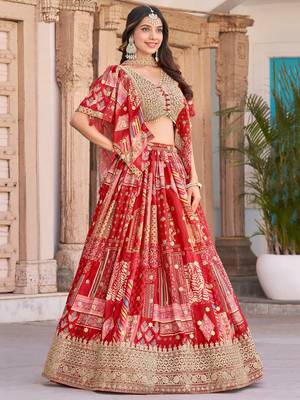 red chinon digital printed wedding lehenga set choli with dupatta 2