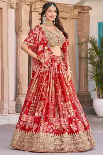 red chinon digital printed wedding lehenga set choli with dupatta