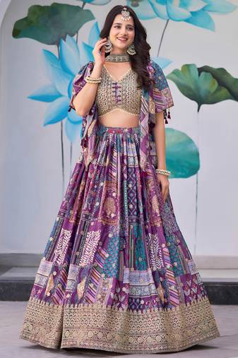 purple chinon zari work bridesmaid lehenga choli with dupatta
