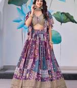 purple chinon zari work bridesmaid lehenga choli with dupatta