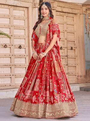 red chinon digital printed wedding lehenga set choli with dupatta 3