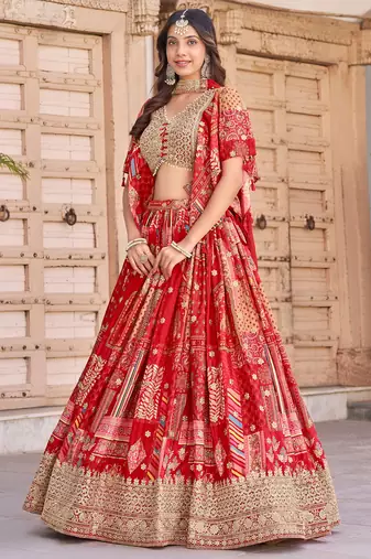 red chinon digital printed wedding lehenga set choli with dupatta