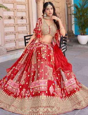 red chinon digital printed wedding lehenga set choli with dupatta 4
