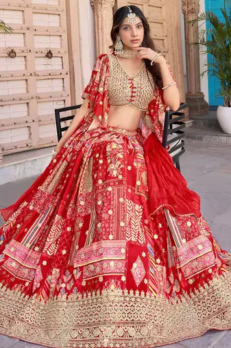 red chinon digital printed wedding lehenga set choli with dupatta