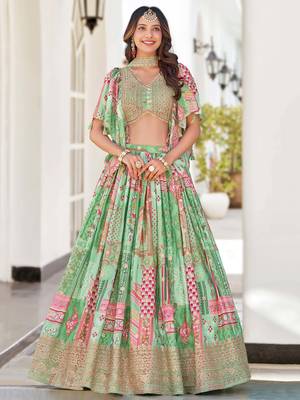 pista green chinon dori embroidered lehenga set choli with dupatta 1