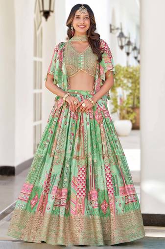 pista green chinon dori embroidered lehenga choli