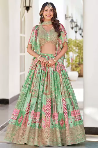 pista green chinon dori embroidered lehenga choli