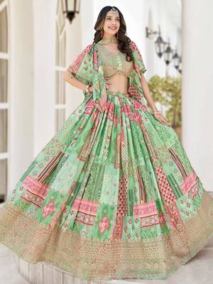 pista green chinon dori embroidered lehenga set choli with dupatta 2