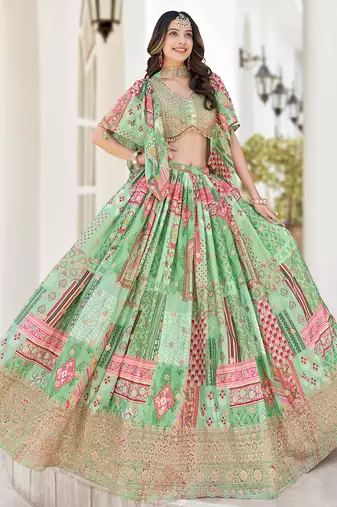 pista green chinon dori embroidered lehenga set choli with dupatta