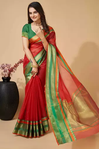 red soft semi cotton saree with blouse piece