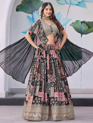 black chinon digital printed party lehenga set choli with dupatta 1
