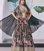black chinon digital printed party wear lehenga choli
