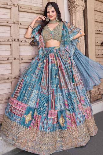 sky blue dori embroidered chinon lehenga choli with dupatta