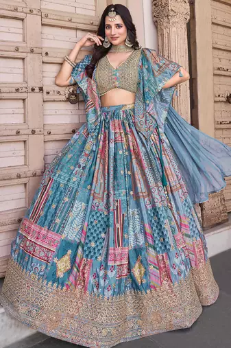 sky blue dori embroidered chinon lehenga choli with dupatta