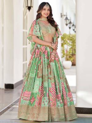 pista green chinon dori embroidered lehenga set choli with dupatta 3