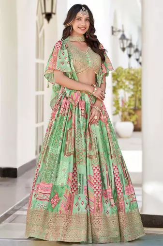 pista green chinon dori embroidered lehenga set choli with dupatta