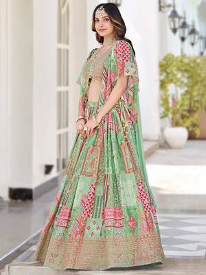 pista green chinon dori embroidered lehenga set choli with dupatta 4