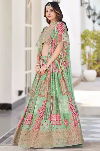 pista green chinon dori embroidered lehenga set choli with dupatta