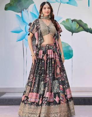 black chinon digital printed party lehenga set choli with dupatta 2