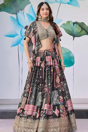 black chinon digital printed party lehenga set choli with dupatta