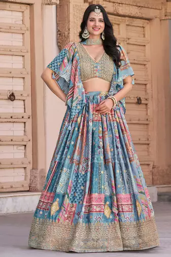 sky blue dori embroidered chinon lehenga set choli with dupatta with dupatta
