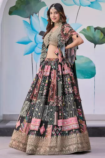 black chinon digital printed party lehenga set choli with dupatta