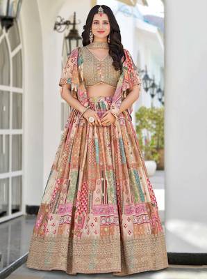 beige chinon silk zari embroidered lehenga set choli with dupatta 1