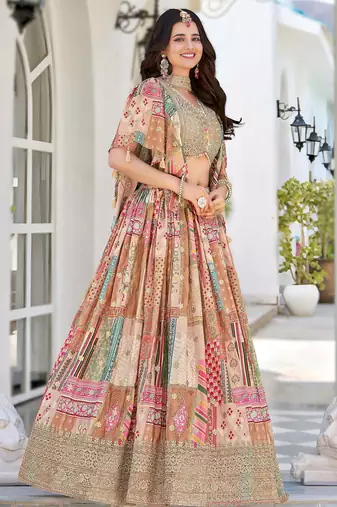 beige chinon silk zari embroidered lehenga set choli with dupatta