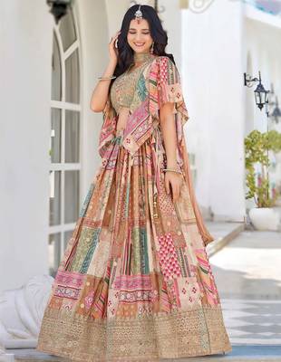 beige chinon silk zari embroidered lehenga set choli with dupatta 3