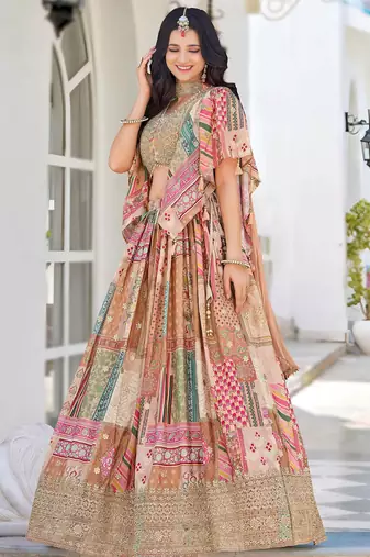 beige chinon silk zari embroidered lehenga set choli with dupatta