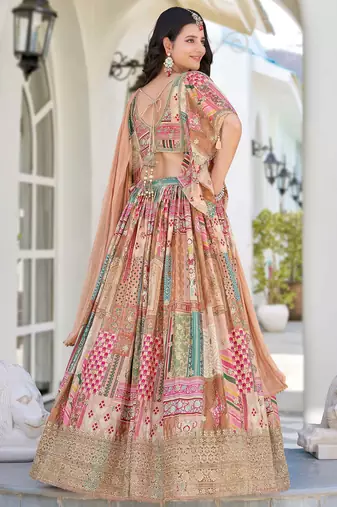 beige chinon silk zari embroidered lehenga set choli with dupatta