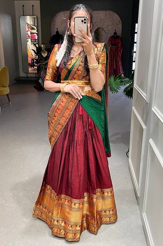 maroon cotton zari weaving lehenga choli with dupatta
